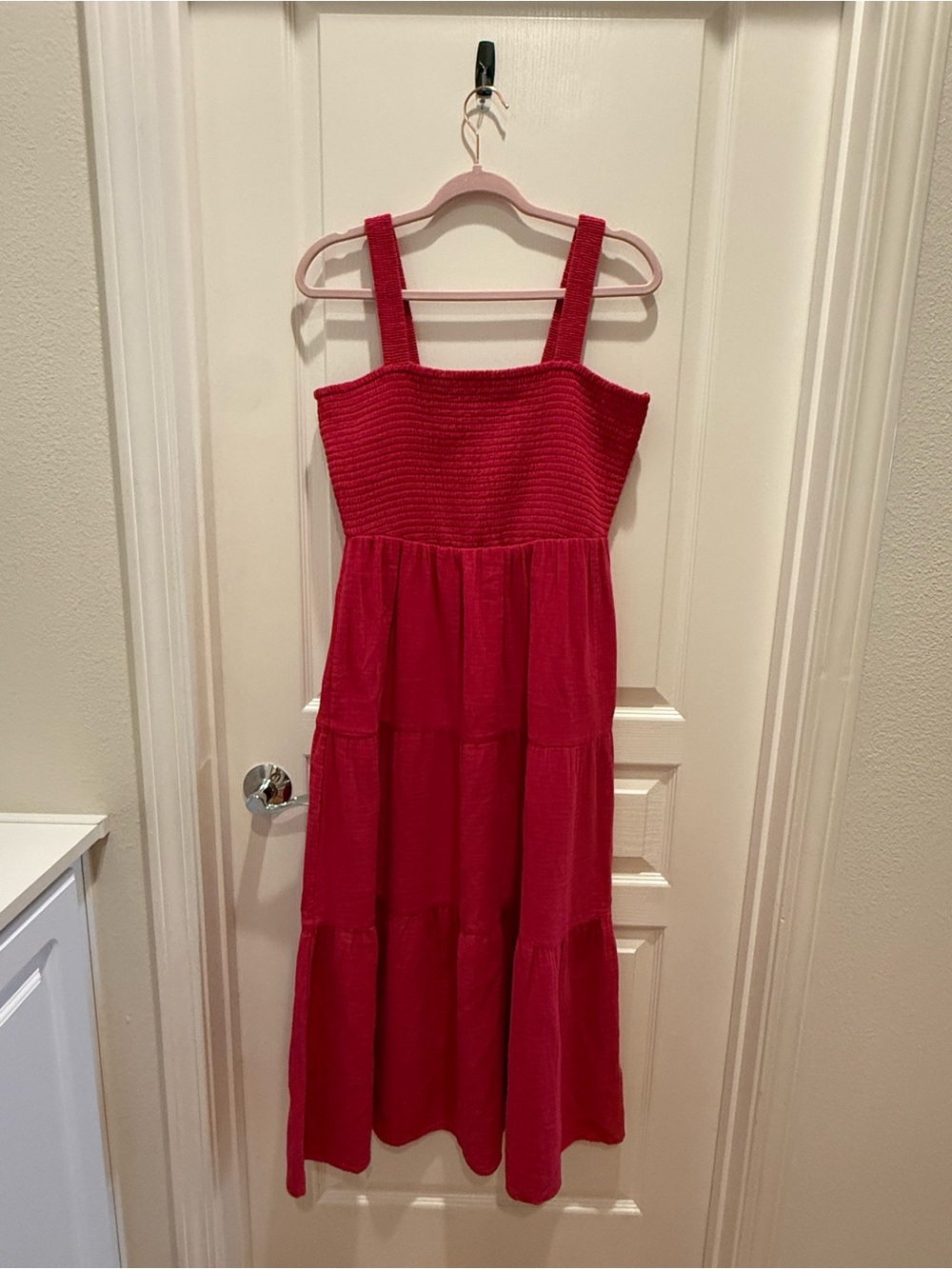 Quince Red Smocked Bodice Tiered Midi Dress